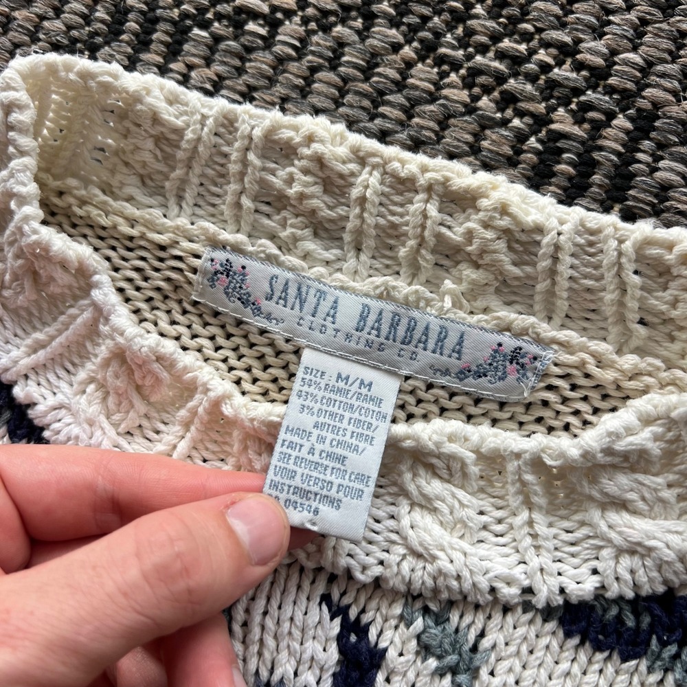 Vintage Santa Barbara Sweater Womens Medium Cream Blue Floral Cropped Boxy Knit - Picture 2 of 5